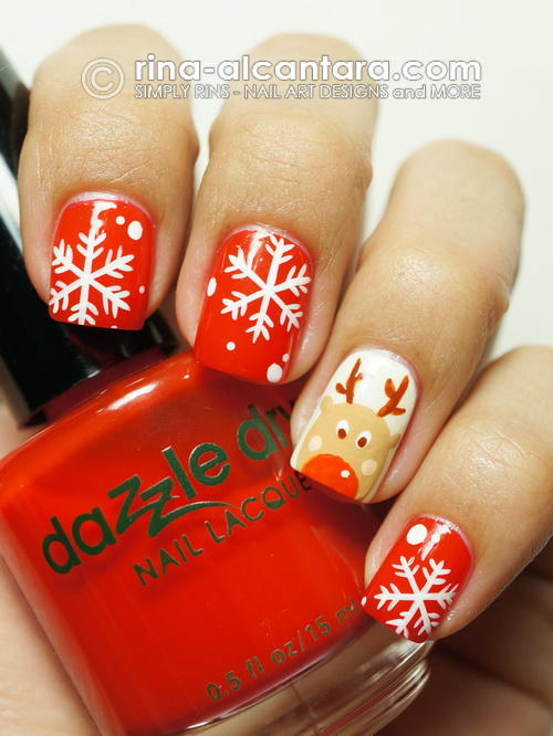 Let It Snow On Your Nails - 20 Snowflake Nail Arts Rudolph Plays With Snowflakes 01 - Let It Snow On Your Nails - 20 Snowflake Nail Arts