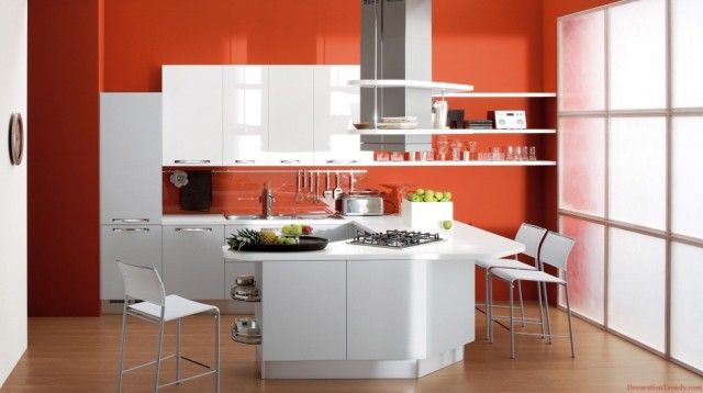 fascinating-U-shape-kitchen-decorating-ideas-colors-and-white-barstools-plus-orange-wall-paint-also-parquet-flooring-with-stainless-steel-sink-as-well-as-range-hood-945x529