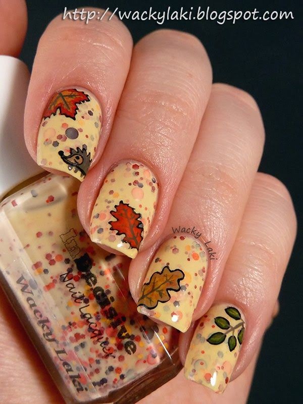 2014 fall leaves mixed nails polish art design - thanksgiving hedgehog animals nails polish-f85225