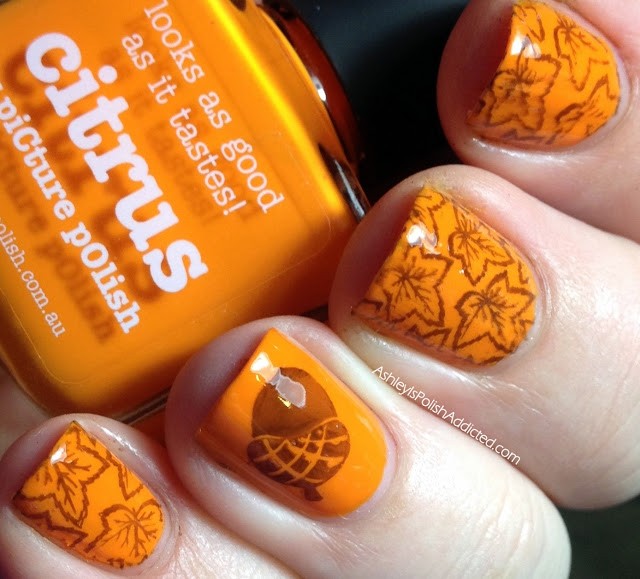Autumn leaves and acorn stamping Picture Polish Citrus 2