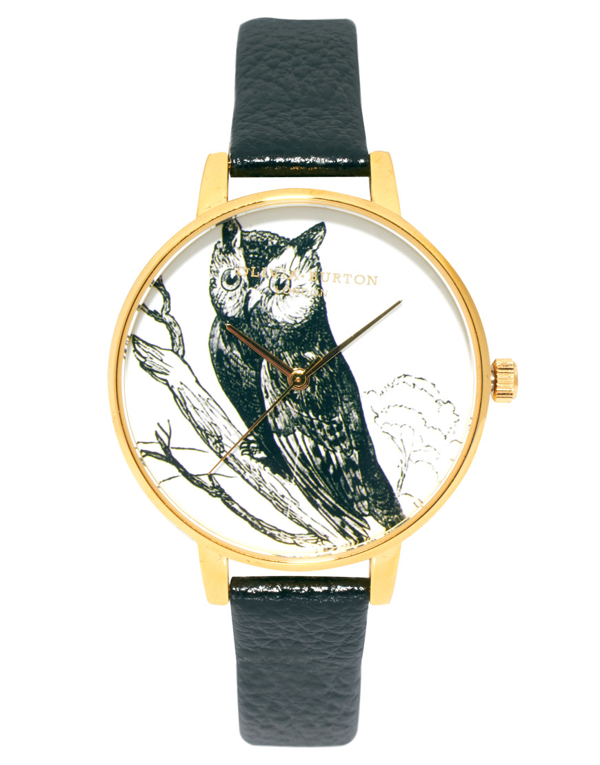 Olivia Burton Black Leather Watch With Owl Print Face