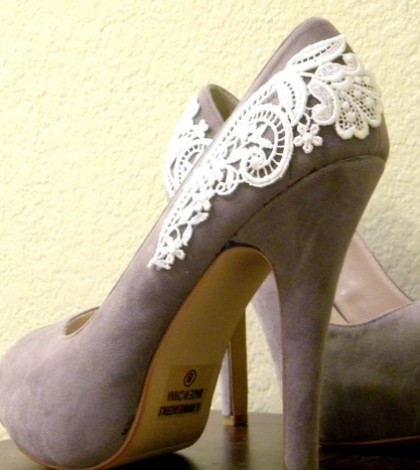 Gray Peep Toe Pumps with White Venise Lace
