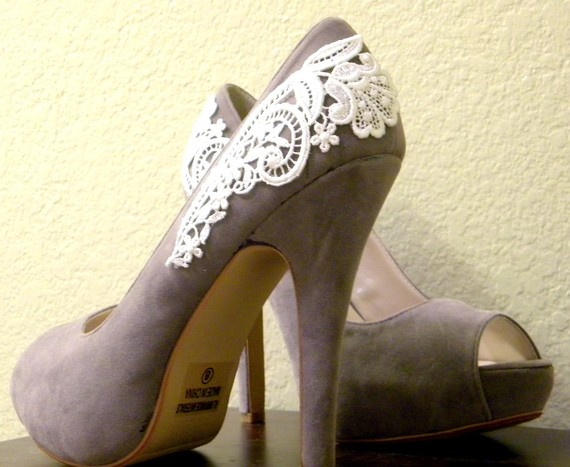 Gray Peep Toe Pumps with White Venise Lace