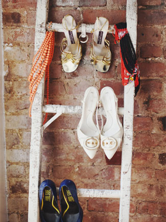 Use an old ladder to hang heeled shoes on