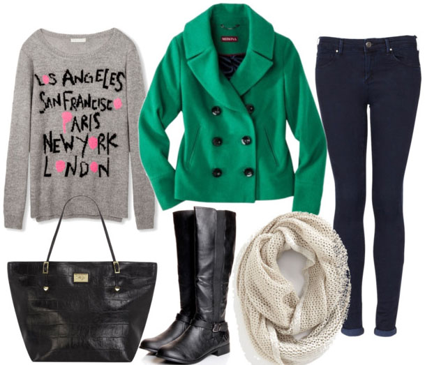 collegefashion.net-wp-content-uploads-2013-01-how-to-style-an-emerald-coat-with-skinny-jeans-cream-scarf-black-tote-black-riding-boots-and-graphic-sweater