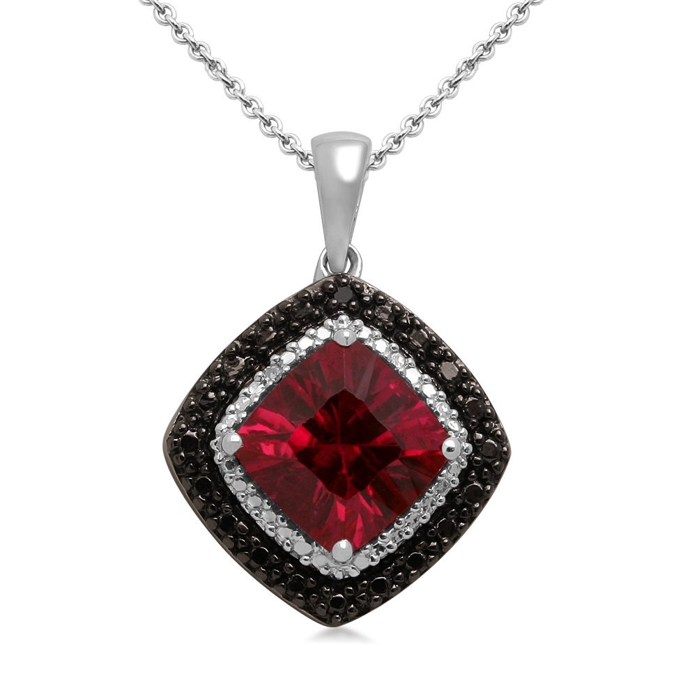 Sterling Silver and Cushion Created Ruby with Black and White Diamond Accents Pendant Necklace