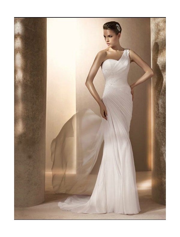 chiffon-one-shoulder-strap-sheath-wedding-dress-with-appliques-rouched-bodice