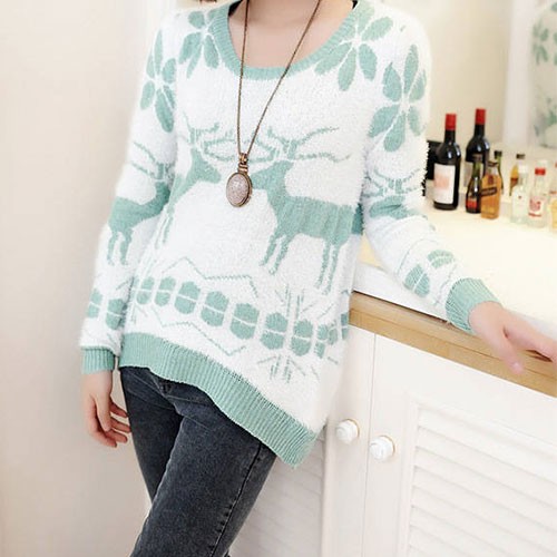 sweet cute snowflake deer print mohair sweater-f81519