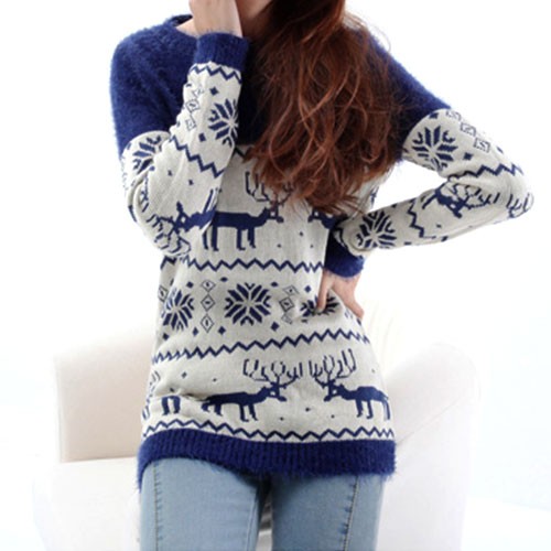 warm sweet deer snowflake print mohair sweater-f78100