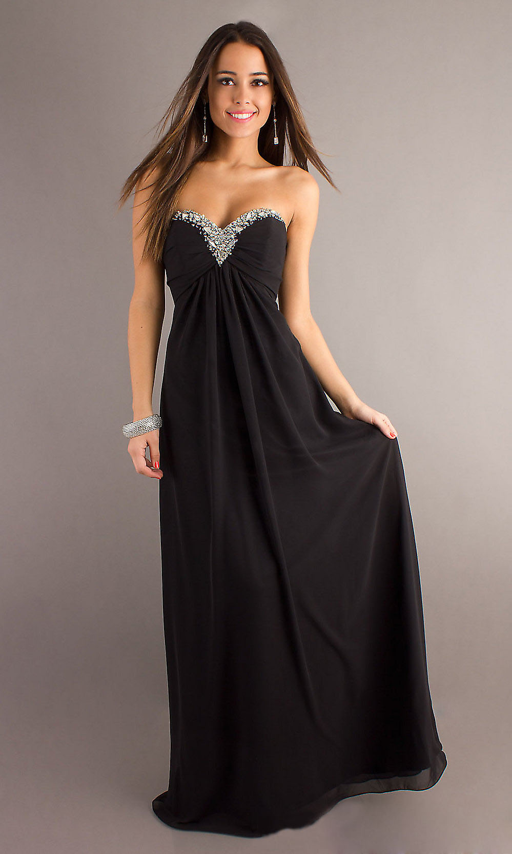 Sparkly Beaded Top Strapless Black Long Evening Dress