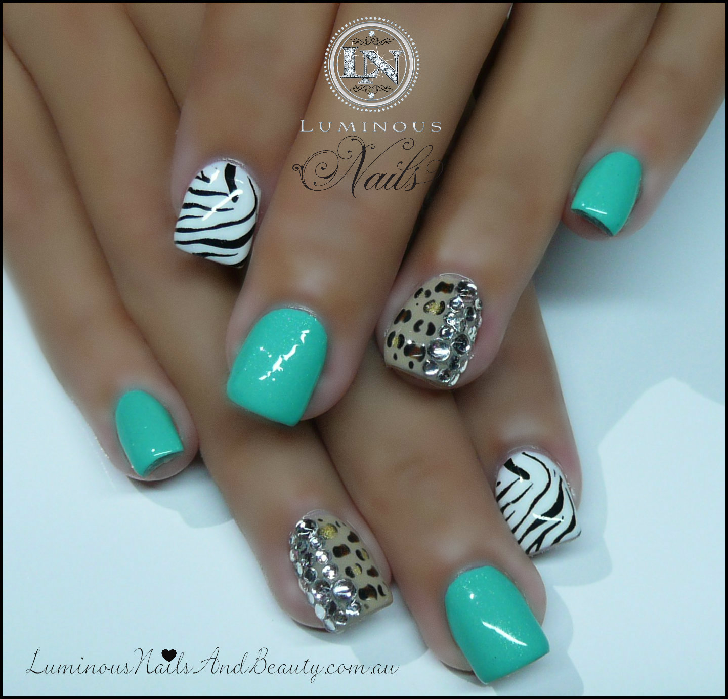 Luminous Nails and Beauty, Gold Coast Queensland. Acrylic Nails Gel Nails, Sculptured Acrylic with Mani Q Green 101, white 101, Custom nude Gel, Zebra & Leopard Print with Crystals.