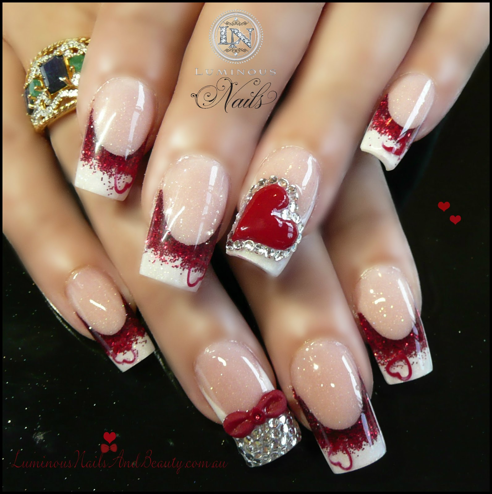 Luminous Nails and Beauty, Gold Coast Queensland. Acrylic Nails, Gel Nails, Sculptured Acrylic with Rainbow White, Crystal & Royal Red Glitter, 3D Bow & heart in Rainbow Red & Crystals