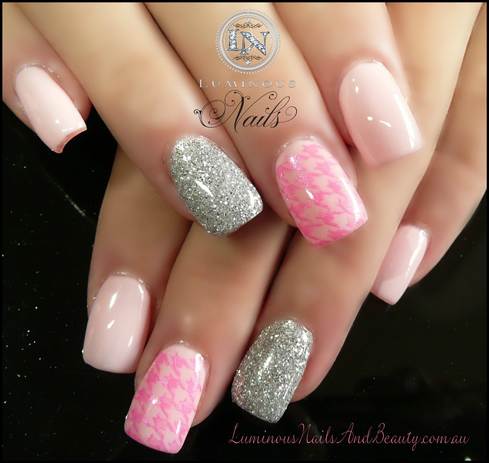 Lumious Nails and Beauty, Gold Coast Queensland. Acrylic Nails, Gel Nails, Sculptured Acrylic with Pink Smoothie Gel, Silver Glitter & Houndstooth Print.