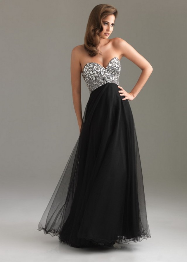 Black Rhinestone Beaded Top Long Strapless Prom Dress 2014