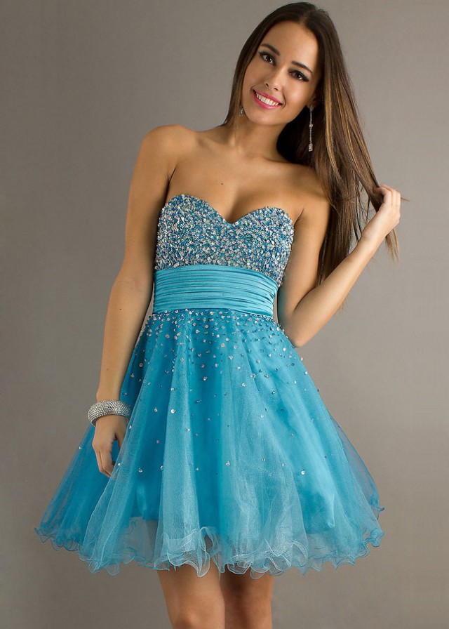 Corset Back Beaded Strapless Blue Short Tulle Party Dress