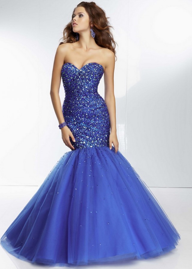 Dazzling Royal Long Strapless Beaded Mermaid Prom Dress 2014