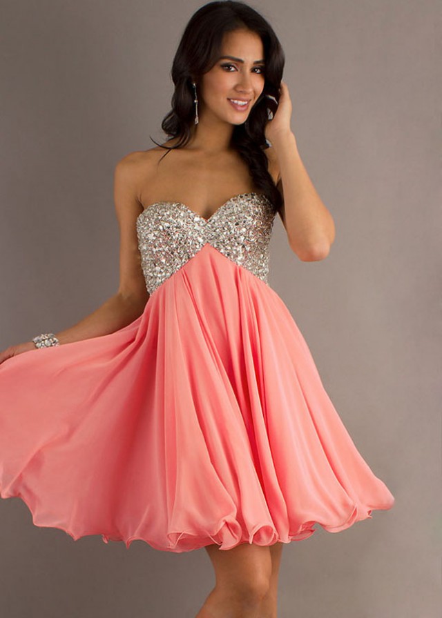 Lace Up Back Sequins Beaded Short Coral Homecoming Dress