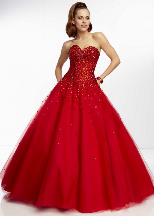 Red Long Corset Back Strapless Rhinestone Beaded Tulle Evening Gown