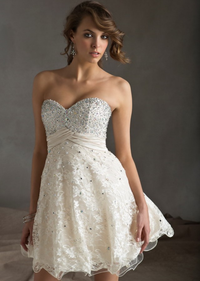 White Sequined Top Strapless Lace Cover Short Ruched Prom Dress