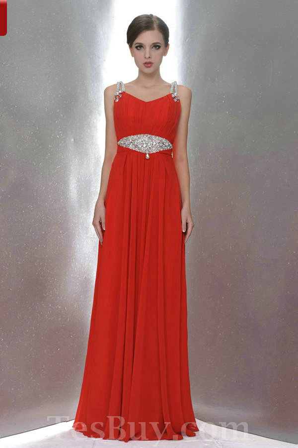 Full Length Beaded Straps Elegant Red Bridesmaid Dress 2012