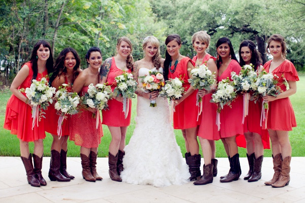 bright-coral-bridesmaid-dresses-with-cowboy-boots