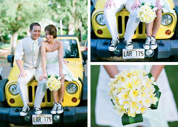 bridal-couple-sitting-roof-jeep-bouquet-converse-shoes-hawaii-license-plate