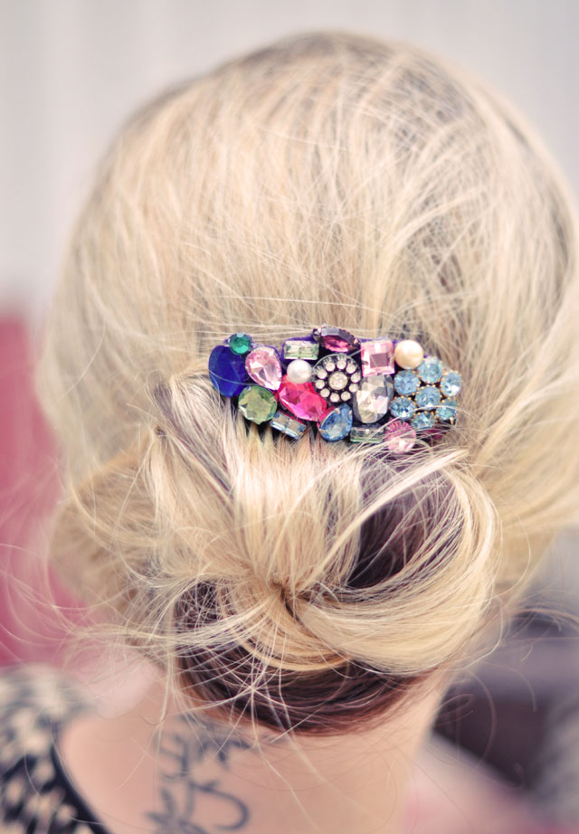 DIY jeweled hair comb - low bun