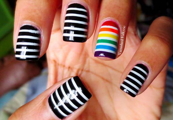 rainbow-accent-black-white-striped-nails