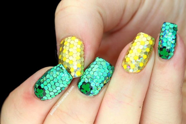 St Patrick's Day Nails all sparkly green and gold glitter placement nails 5