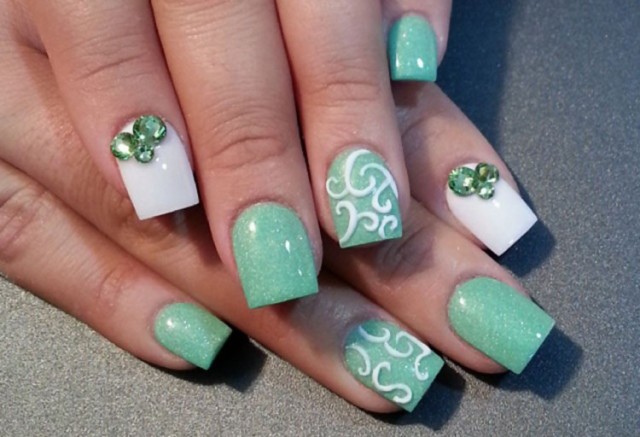 green-pastel-white-rhinestones-easter-nails