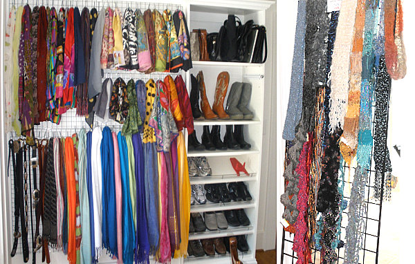 Marvelous-Scarf-Storage-with-Various-Scarves-Hanging-on-Excellent-Hooks-of-Fabulous-Grid-Wall-next-to-Shoes-Wardrobe-for-Intriguing-Interior-Furniture