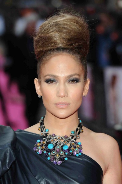 Top-Knot-High-Bun-Jennifer-Lopez-statement-necklace-big-smokey-eye-one-shoulder-grey-dress-headshot-New-