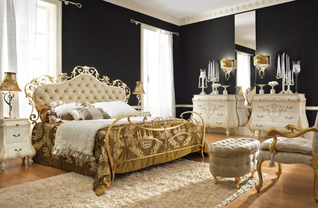 heavenly-bedroom-ideas-with-single-bed-design-with-double-size-and-two-white-cabinet-ideas-with-candle-light-and-black-wall-ideas-with-white-fur-rug-and-white-arm-chairs-with-rounded-gold-flooring-lamp-and-gold-bed-