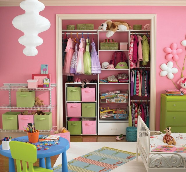 pink-wall-bedroom-color-with-creative-closet-for-hanging-clothes-also-basket-storage-along-with-white-drawer-and-cute-small-bed-also-blue-circular-table-and-green-chair-948x877