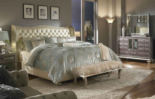 torchiere-floor-lamp-in-chic-bedroom-idea-plus-luxurious-fluff-bench-design-and-tufted-wing-back-headboard-963x619