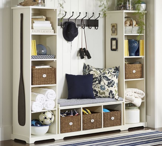 white-wooden-storage-with-rack-white-wooden-bench-storage-with-comfy-seat-varnished-wooden-flooring-white-blue-striped-pattern-carpet-white-wooden-wall-brown-hanging-clothes-rattan-clothes-basket-unique-furnitures