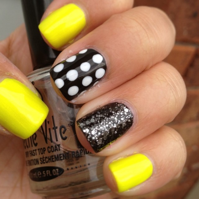 Yellow-and-black-glittering-neon-nails-art