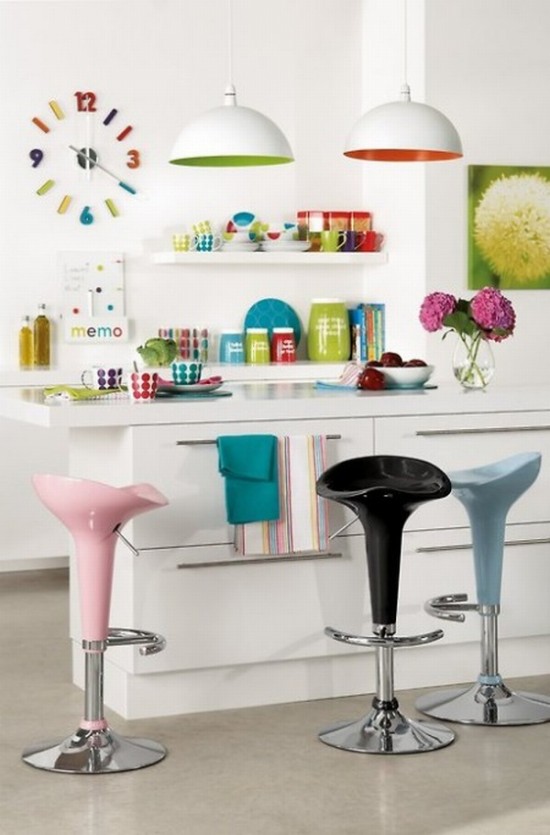 appealing-playfully-colorful-kitchen-decorating-ideas-colors-with-pink-black-blue-swivel-barstools-and-shelves-as-well-as-white-bowl-pendants-and-beautiful-flower-clock