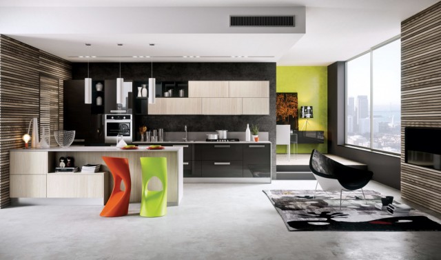 kitchen-design-with-custom-cabinets-wall-oven-colorful-bar-stools-wooden-kitchen-island-single-faucets-sink-cooktop-pendant-lighting-crockery-wall-stylish-chair-970x571