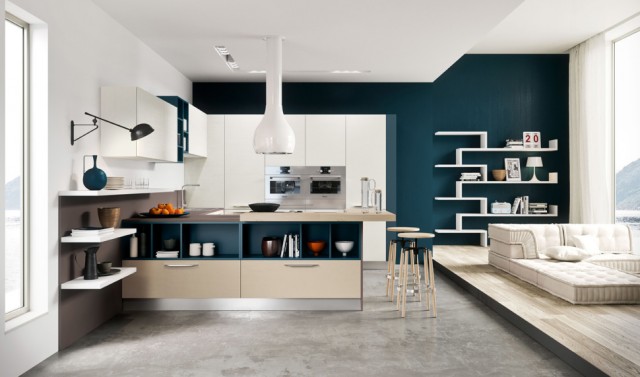 kitchen-design-with-teal-grey-wall-white-cabinets-bar-stools-single-faucets-sink-wall-oven-beige-countertops-pendant-lamp-shelves-low-sofa-dish-rack-wenge-floor-970x571