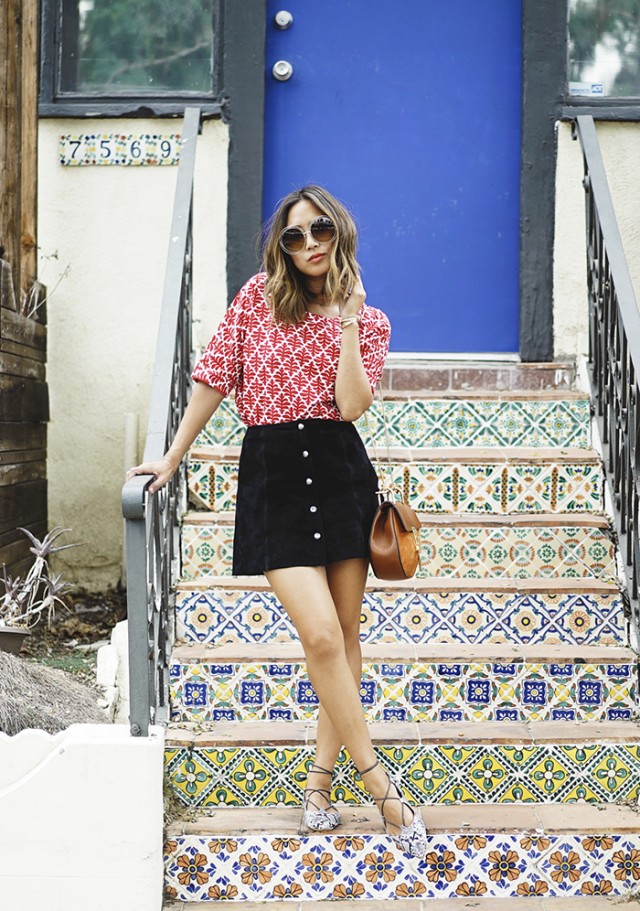 aimee_song_of_style_madewell_printed_top_topshop_button_down_suede_skirt_topshop_pointed_lace_up_flats