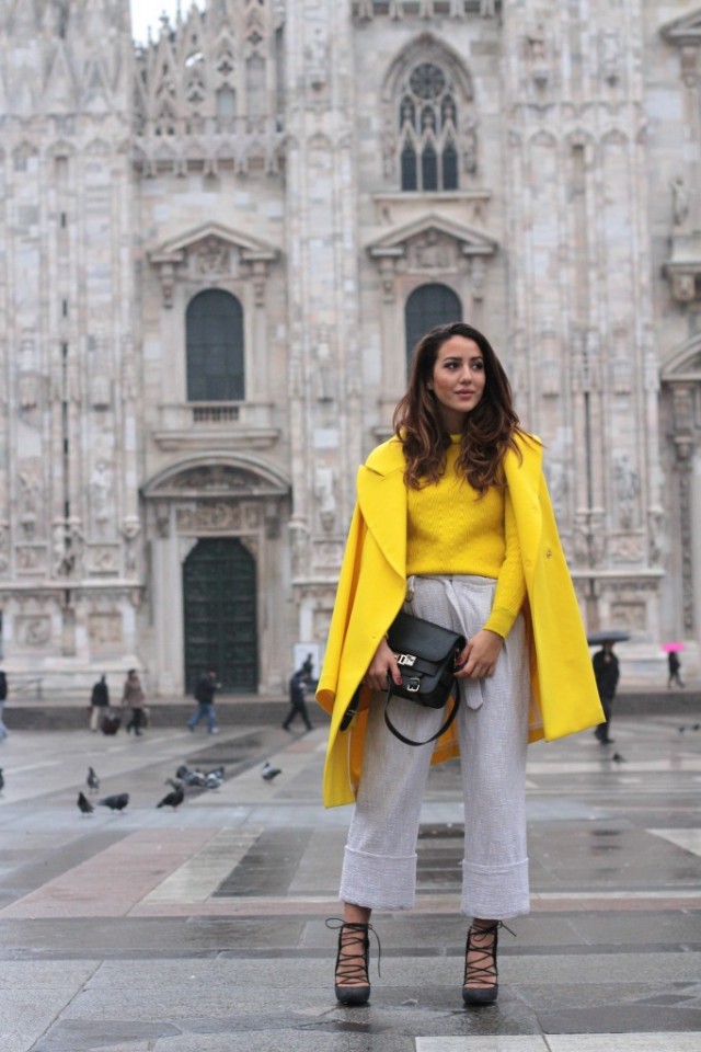 yellow coat and blouse